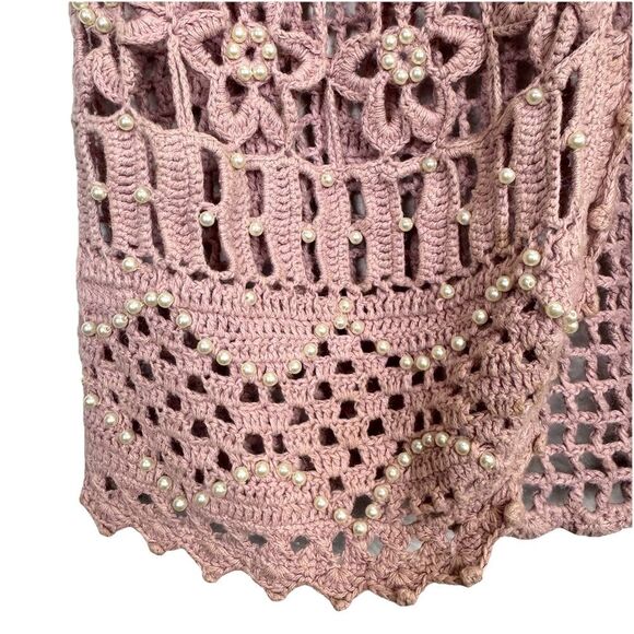 Vintage Y2K Womens Top L Pink Crochet Long Vest Boho Hippie Pearls Embellished - Picture 5 of 9